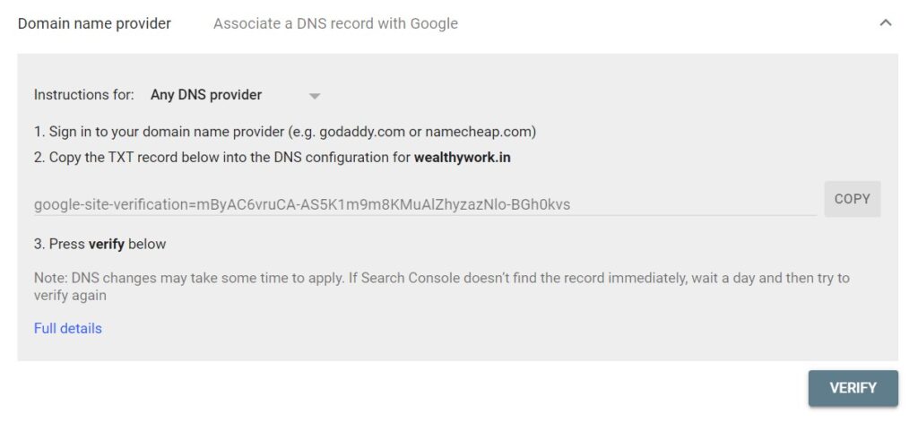Verify Google search console with DNS record.