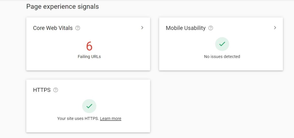 Page experience signals in search console.
