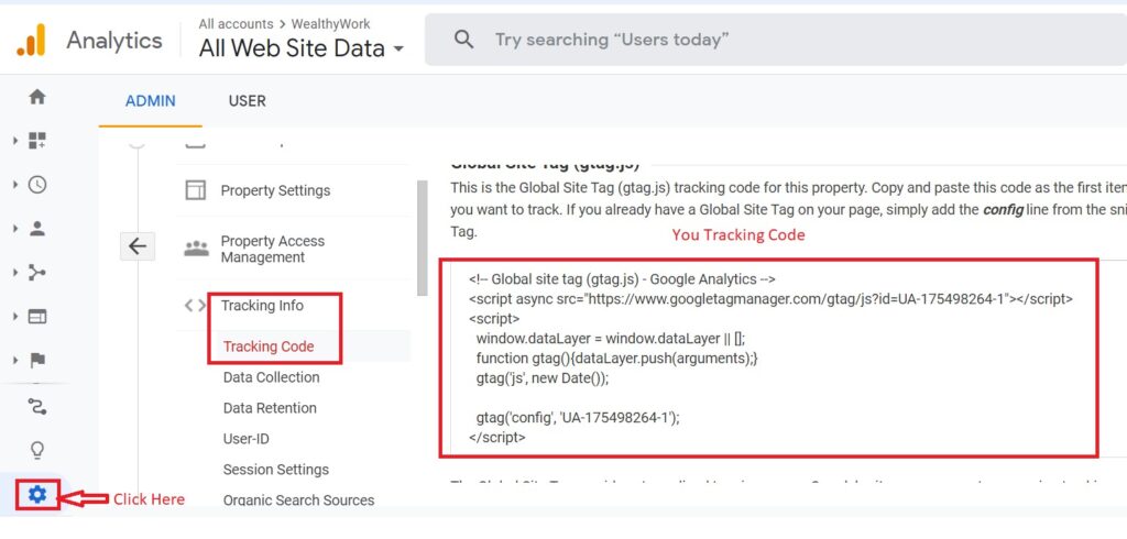 To add website in google analytics you need to add tracking code in Head of your theme.