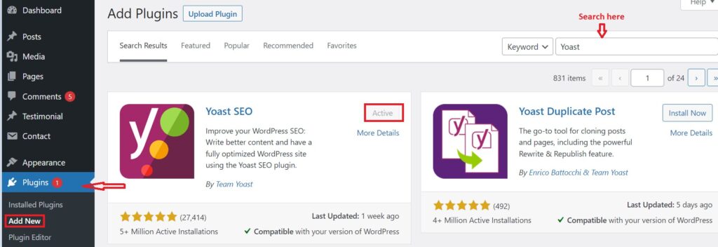 This image showing yoast seo installation by using WordPress.