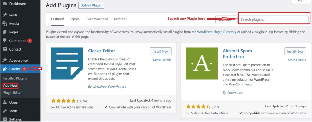 Install plugins in WordPress using admin panel