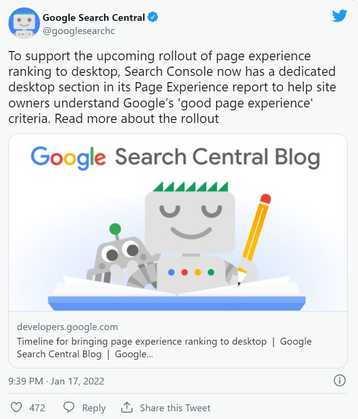 Google post on twitter about desktop page experience report.