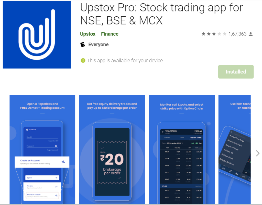 Upstox mobile app reviews and details.